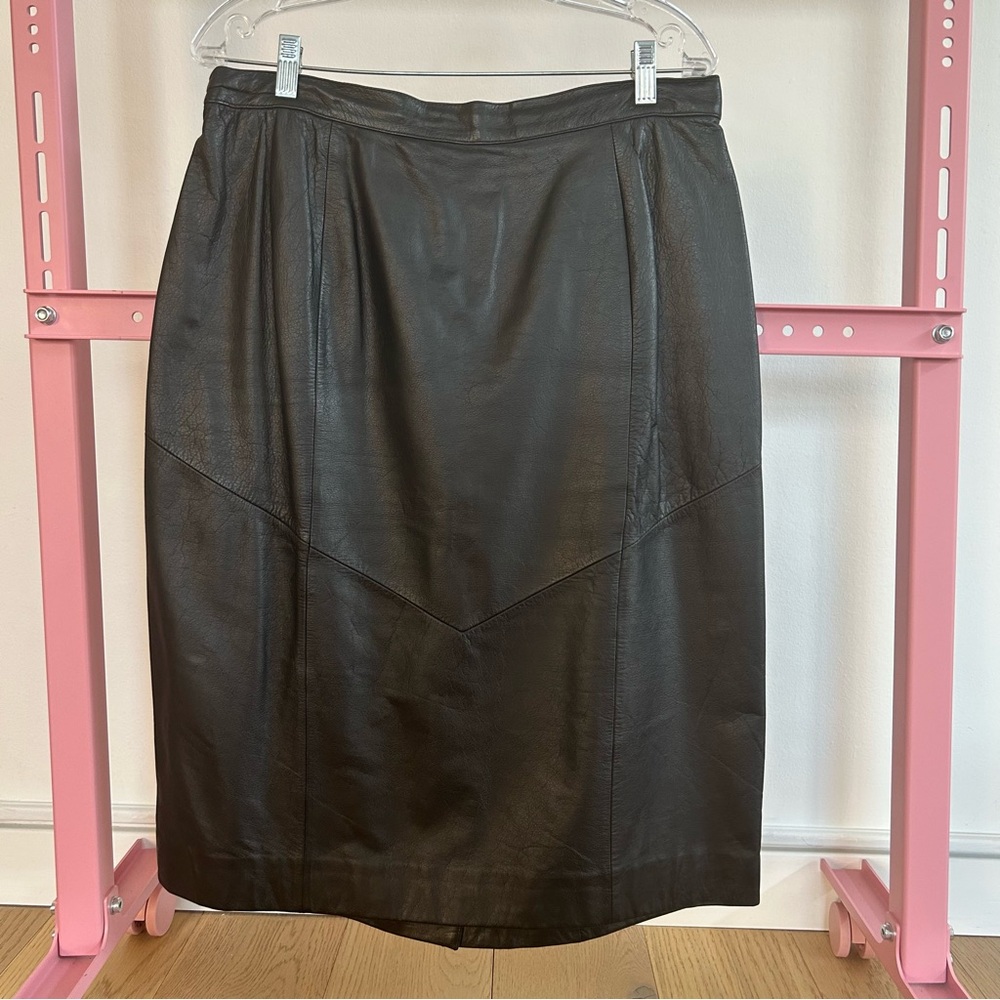 Vtg Black Leather Pencil Skirt